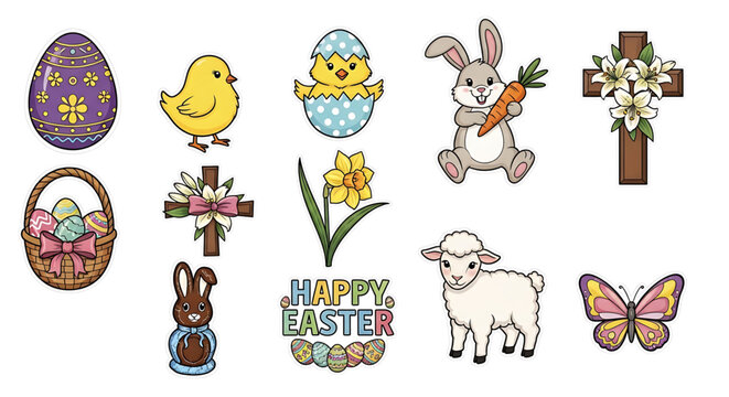 Easter icons and symbols including eggs, bunnies, crosses, and flowers on easter