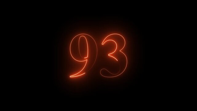 Neon 93 number mathematics text icon animation orange color text on black background. Glowing neon 93 motion graphics animation. Number 93 vector illustration. Digits with glowing lights and bulbs.4k 