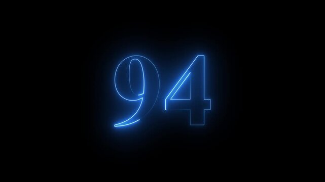 Neon 94 number mathematics text icon animation blue color text on black background. Glowing neon 94 motion graphics animation. Number 94 vector illustration. Digits with glowing lights and bulbs.4k 