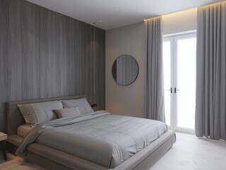 Modern bedroom with a large bed and a unique circular mirror on the wall