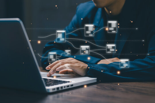 Business professional working with interconnected digital data workflow, system integration, and information flow, illustrating modern data management and enterprise technology solutions.