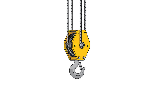 A yellow block and tackle pulley system with multiple ropes and a sturdy grey hook hangs vertically against a clean white background.