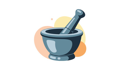 Blue mortar and pestle set for grinding herbs and spices placed against soft abstract background shapes for culinary and pharmacy uses.