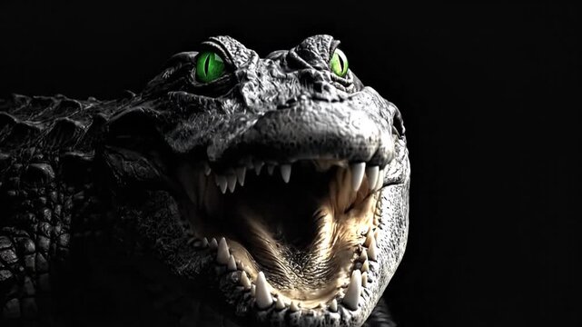 A close-up portrait of a reptile. Bright green eyes shine against a darkened, textured face