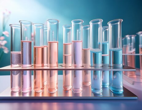 laboratory tubes filled with soft pastel liquids clean modern research visuals ideal for science biotechnology cosmetics and innovative healthcare presentations