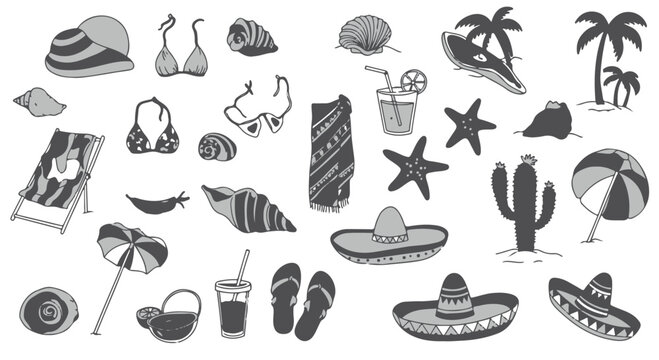 Summer vacation beach essentials and tropical party items collection, hand-drawn illustration