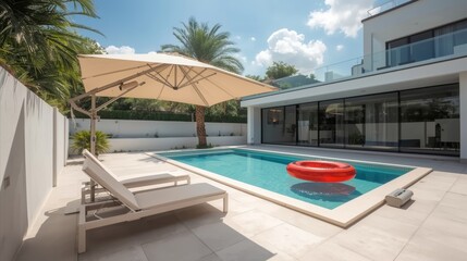 Fototapeta premium Serene outdoor poolside area with relaxation amenities and modern architecture