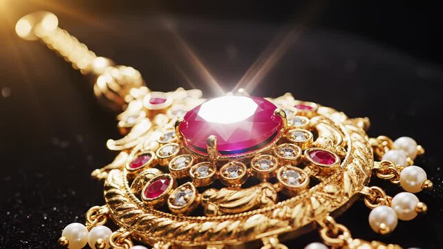 Exquisite Golden Maang Tikka Adorned With Vibrant Red Ruby And Sparkling Diamonds And Pearls A Traditional Indian Bridal Hair Accessory With Soft Warm Lighting And Shallow Depth Of Field
