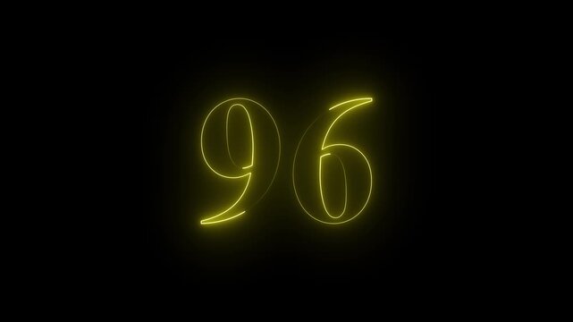 Neon 96 number mathematics text icon animation yellow color text on black background. Glowing neon 96 motion graphics animation. Number 96 vector illustration. Digits with glowing lights and bulbs.4k 