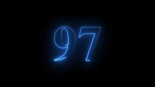 Neon 97 number mathematics text icon animation blue color text on black background. Glowing neon 97 motion graphics animation. Number 97 vector illustration. Digits with glowing lights and bulbs.4k 