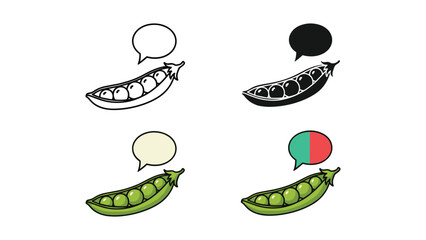Four icon variations of a fresh pea pod with speech bubbles, symbolizing healthy eating and communication.