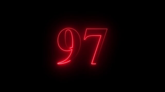 Neon 97 number mathematics text icon animation red color text on black background. Glowing neon 97 motion graphics animation. Number 97 vector illustration. Digits with glowing lights and bulbs.4k 