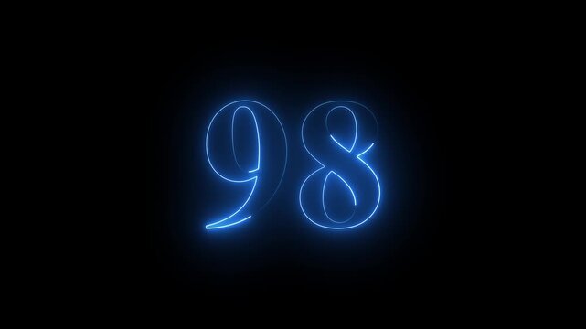 Neon 98 number mathematics text icon animation blue color text on black background. Glowing neon 98 motion graphics animation. Number 98 vector illustration. Digits with glowing lights and bulbs.4k 