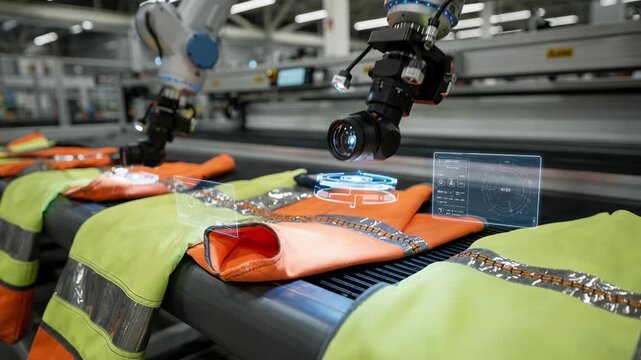 Medium shot of robotic vision checking reflective tape seams on safety apparel verifying consistent adhesion and stitch uniformity in fastpaced manufacturing.