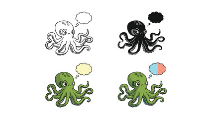 Thoughtful green octopus in four styles with speech bubbles for communication themes © pixel