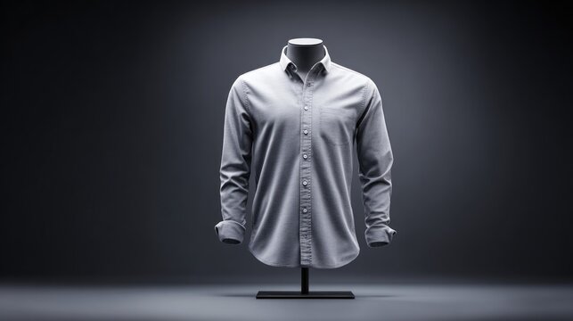 Empty mens maneken stands on a dark background displaying a shirt. The focus is clear, showing the design and style of the clothing