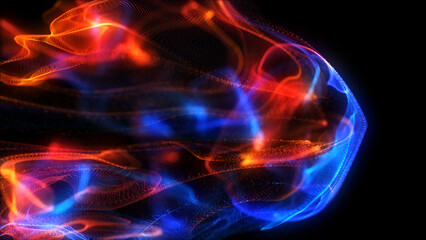 Bright neon glowing fluid background. Red and blue glowing particles on black. Liquid motion of fiery red and icy blue particles. Abstract fluid motion, neon background. Technology, innovations.