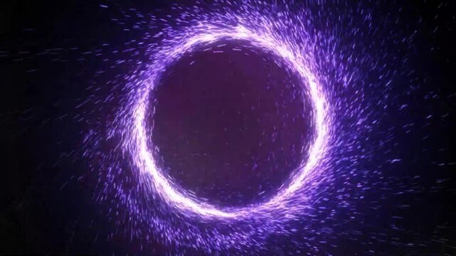 Purple glowing particle ring with energetic light trails forming a circular frame on dark background for magic fantasy and motion graphic design