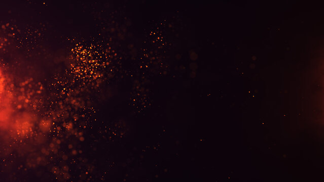 Abstract fire background of hot fire particles with smoke and haze. Fire sparks and ashes moving with the wind. Burning fire closeup. Danger, conflagration, blaze, bonfire.