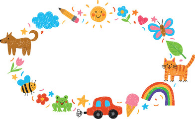 Obraz premium Crayon sketch kids hand drawings oval frame vector design, cartoon border painting artwork pencil or chalk texture