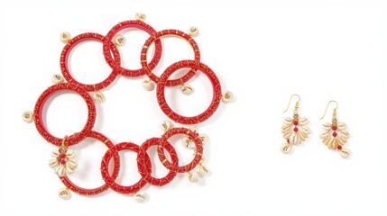 Vibrant red beaded bracelet and matching earrings set on white background