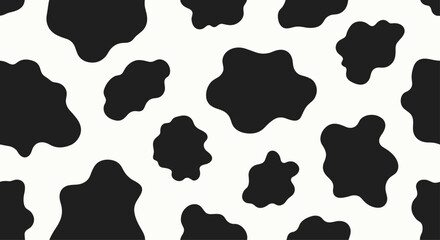 Classic black and white cow print pattern provides seamless texture of animal spots for dairy farm or rustic design projects.