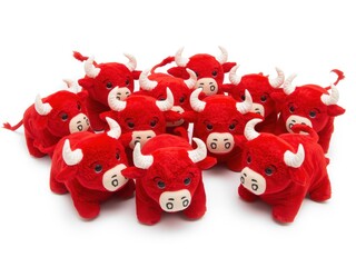 A large group of red plush bulls with white faces and horns arranged together