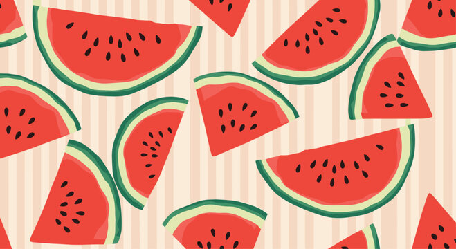 Refreshing summer pattern of watermelon slices with black seeds and green rinds repeats over light beige vertical stripes background.