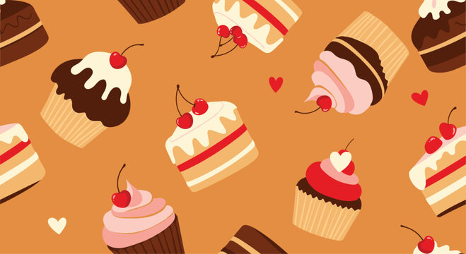 Delicious dessert pattern features sweet cupcakes and cake slices decorated with red cherries and tiny hearts on warm brown background.
