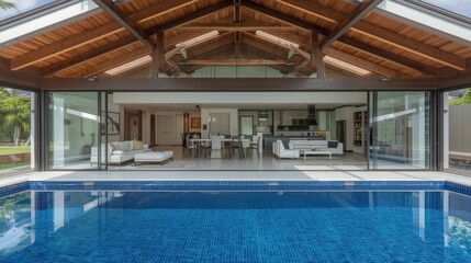 A luxurious modern house with a large swimming pool and a spacious living area