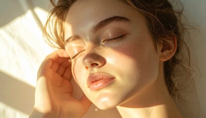 Serene beauty portrait of a young woman with closed eyes.
