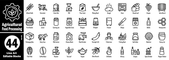 Agricultural food processing icons set. Wheat stalk grain silo flour sack dough oven bread grapes and wine barrel for farm industry vector illustration. © Hafiz