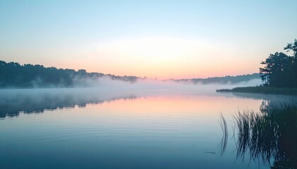 Serene Lake at Dawn - A Misty Reflection of Natures Beauty.