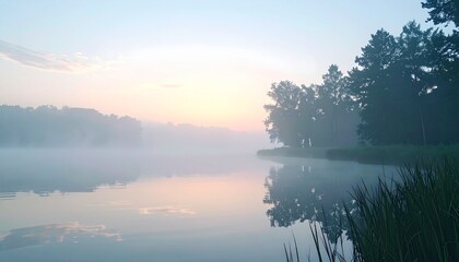 Serene Lakeside Sunrise - A Misty Morning Reflection.