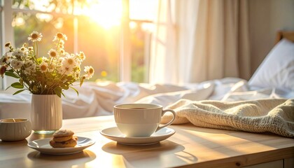 Serene Morning Scene - Coffee, Flowers, and Sunlight in Bedroom.