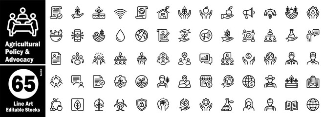Agricultural policy and advocacy line art icons. Featuring professional farm management regulations, global food security, sustainable ecology, rural growth and human rights icons vector illustration. © Hafiz