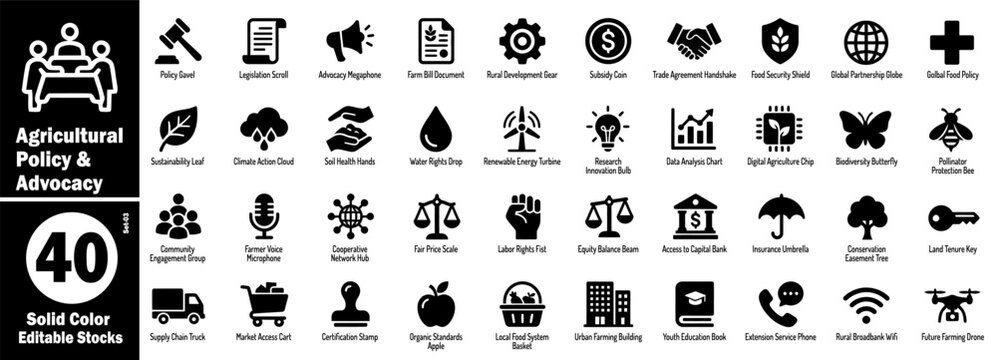 Agricultural policy and advocacy solid icons. Sustainable farming legislation, rural development subsidy, coin trade agreement, food security, global partnership, and land tenure vector illustration.