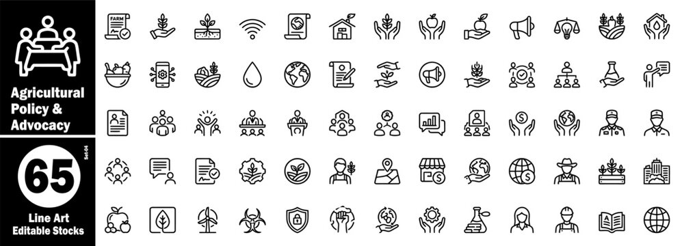 Agricultural policy and advocacy line art icons. Featuring professional farm management regulations, global food security, sustainable ecology, rural growth and human rights icons vector illustration.