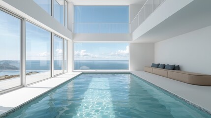Modern infinity pool overlooking the ocean with a clear blue sky