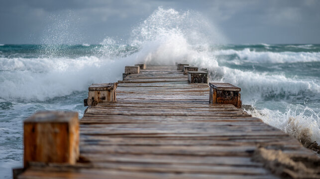 A long wooden pier extends into the ocean on a stormy day with crashing waves
