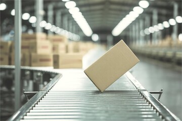 cardboard box falling on conveyor belt in warehouse. Logistics handling failure