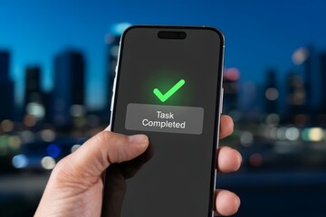 smartphone screen showing task completed message at night with city window. Urban hustle and success