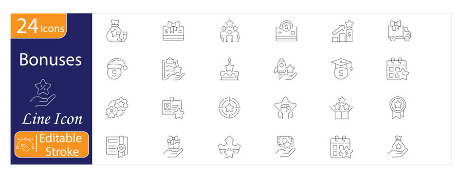Bonuses Icons Set, Employee Rewards, Performance Incentives, Salary Increase, Profit Sharing, Financial Growth, Achievement Recognition, Editable Stroke Vector Illustration.