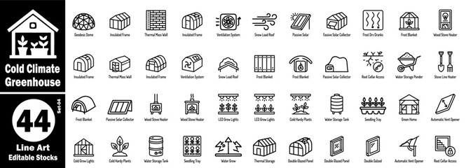 Cold climate greenhouse line art icons set. Geodesic dome insulated frames, thermal mass walls, and frost blanket solutions for organic winter vegetable growth and management vector illustration. © Hafiz