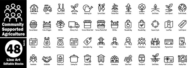 Community-supported agriculture line art icons set. Farmhouse tractor, harvest baskets, and local market stall symbols for sustainable food systems and organic farm business vector illustration. © Hafiz