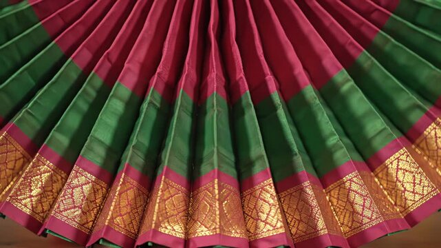 Rich Crimson and Emerald Green Silk Saree With Intricate Gold Zari Border Pleated Fabric Detail Close Up Studio Shot Soft Lighting