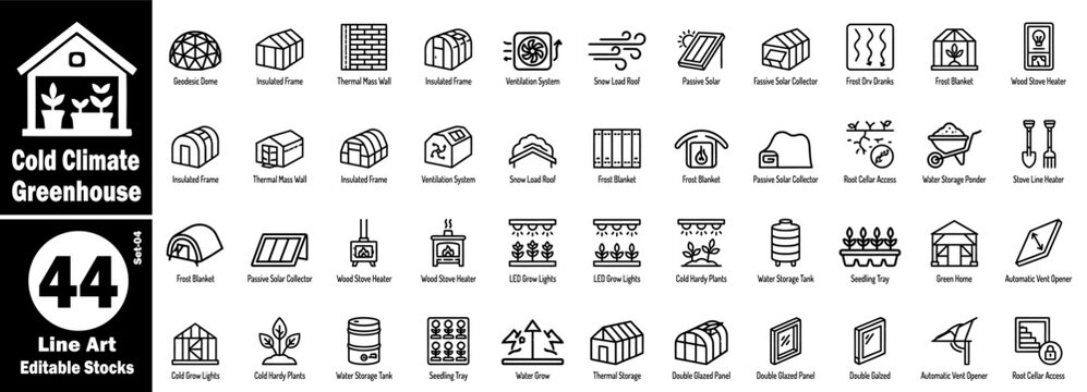 Cold climate greenhouse line art icons set. Geodesic dome insulated frames, thermal mass walls, and frost blanket solutions for organic winter vegetable growth and management vector illustration.