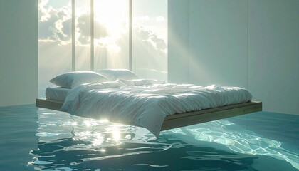 Surreal bedroom scene with bed floating on water, bright window.