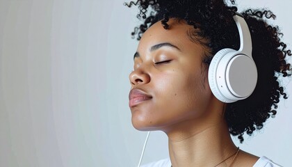 Serene woman immersed in music with closed eyes and headphones.