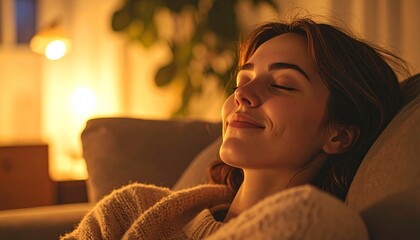 Serene woman relaxing in cozy armchair with eyes closed.